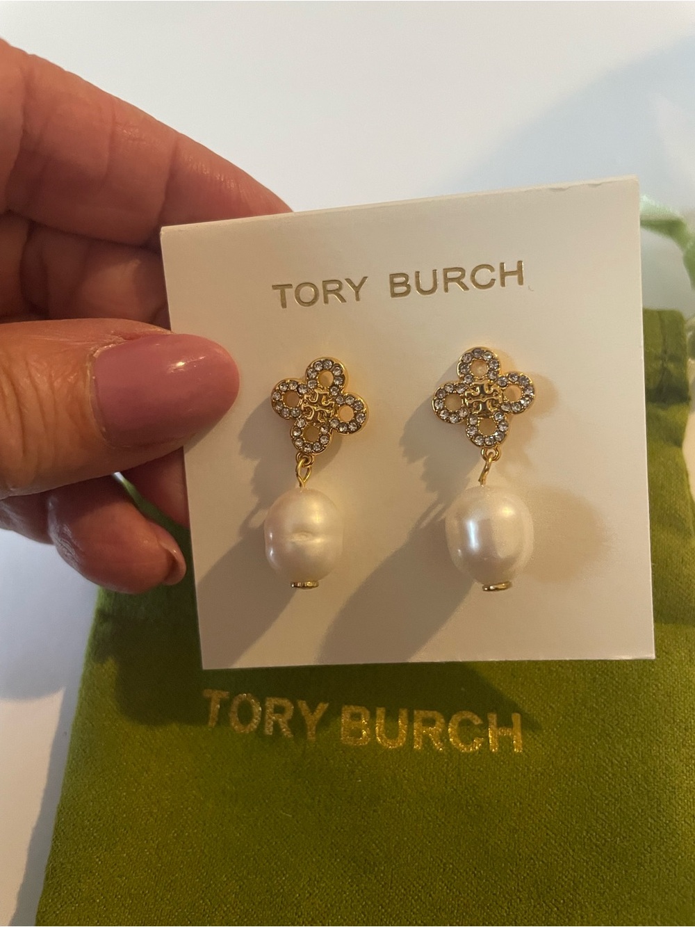 Tory Burch Gold Crystal Logo Drop Earrings with White Pearl